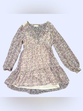 Altar'd State Lilac & Green Floral Long Puff Sleeve Dress